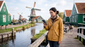 Tourist using mobile internet while visiting the windmills at Zaanse Schans in the Netherlands