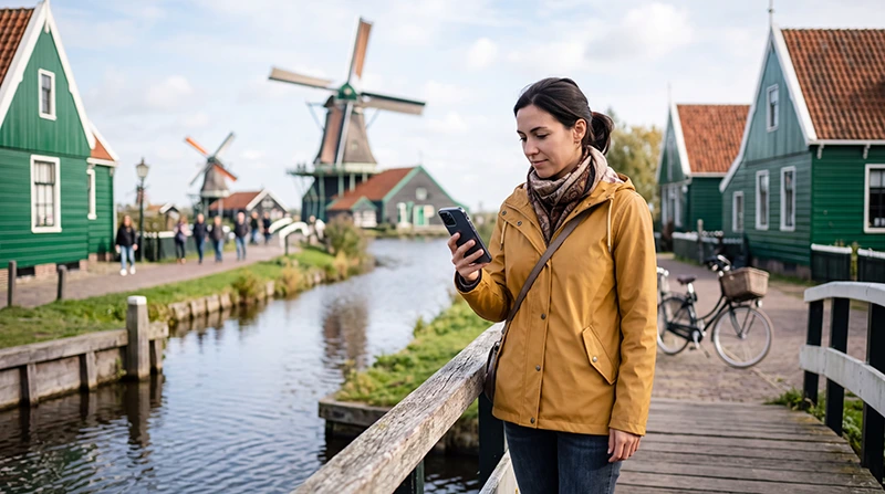 Tourist using mobile internet while visiting the windmills at Zaanse Schans in the Netherlands