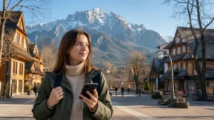 Traveller using mobile internet with Zakopane and the Tatra Mountains behind.