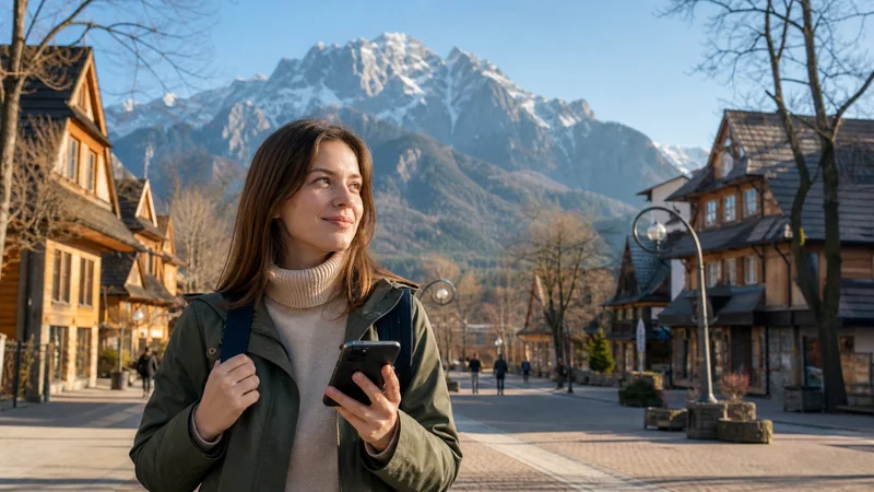 Traveller using mobile internet with Zakopane and the Tatra Mountains behind.