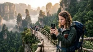 Tourist using mobile internet at Zhangjiajie National Forest Park