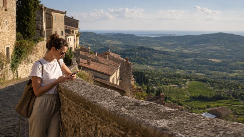 Traveller using a phone in an Istrian hill town.