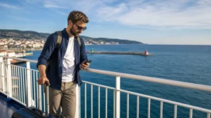 Traveller using mobile data on an Italy to Croatia ferry route.