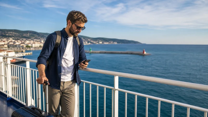 Traveller using mobile data on an Italy to Croatia ferry route.