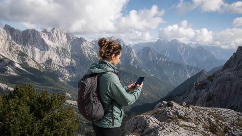 Traveller checking a phone beneath the limestone peaks of the Julian Alps.