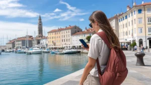 Traveller using a smartphone beside Koper marina.