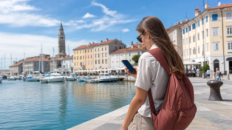 Traveller using a smartphone beside Koper marina.