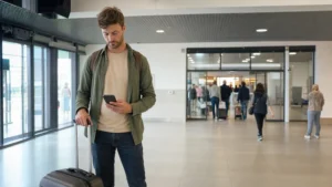Traveller using a smartphone with hand luggage in the arrivals area at Košice Airport.
