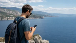 Traveller checking mobile data above the Kvarner Gulf.