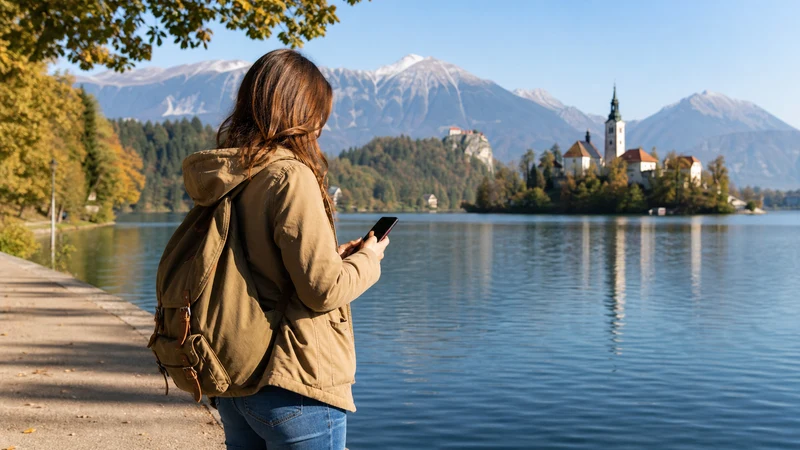 Traveller using a smartphone on a path beside Lake Bled.