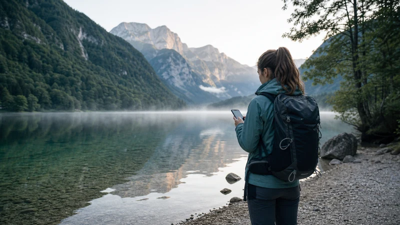 Hiker checking mobile data on the shore of Lake Bohinj.