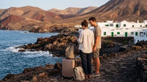 Tourists checking roaming charges and mobile data options while travelling in Lanzarote