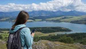 Traveller using a smartphone above Liptovská Mara with mountains in the distance.