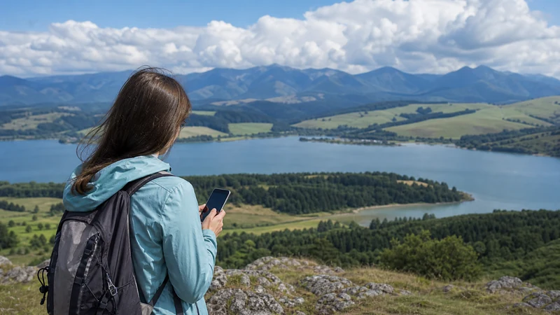 Traveller using a smartphone above Liptovská Mara with mountains in the distance.