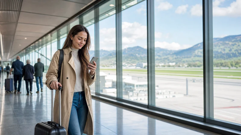 Arriving passenger checking a smartphone at Ljubljana Airport.