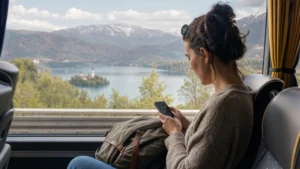 Passenger using mobile data on a bus approaching Lake Bled.