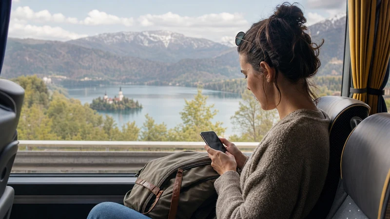 Passenger using mobile data on a bus approaching Lake Bled.