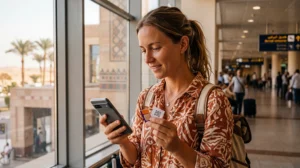 Tourist comparing local SIM card and eSIM options for Egypt