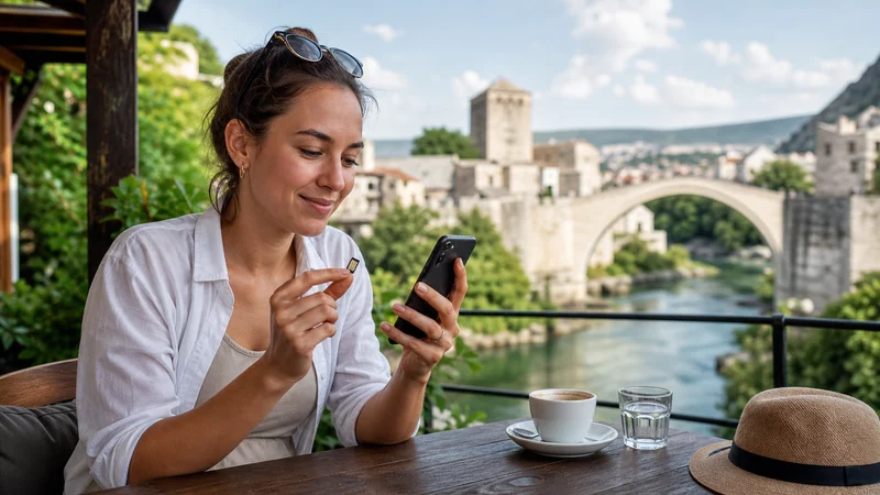 Traveller using a smartphone during local sim vs esim in bosnia and herzegovina in Bosnia and Herzegovina.