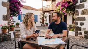 Travellers comparing a local SIM card and eSIM for mobile internet in the Canary Islands