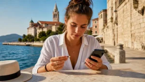 Traveller comparing a SIM card and smartphone beside Zadar’s waterfront.