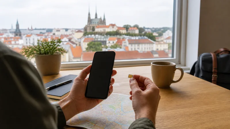 Traveller comparing a Czech prepaid SIM with a travel eSIM.