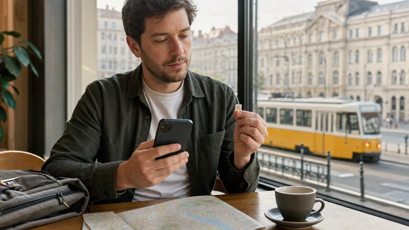 Traveller comparing a physical SIM card with an eSIM on a phone in Budapest