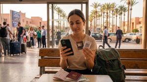 Tourist comparing local SIM and eSIM options in Morocco