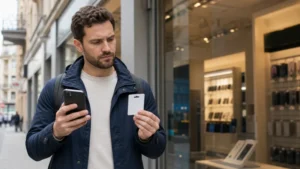 Traveller comparing a local SIM and eSIM outside a mobile shop in Poland.