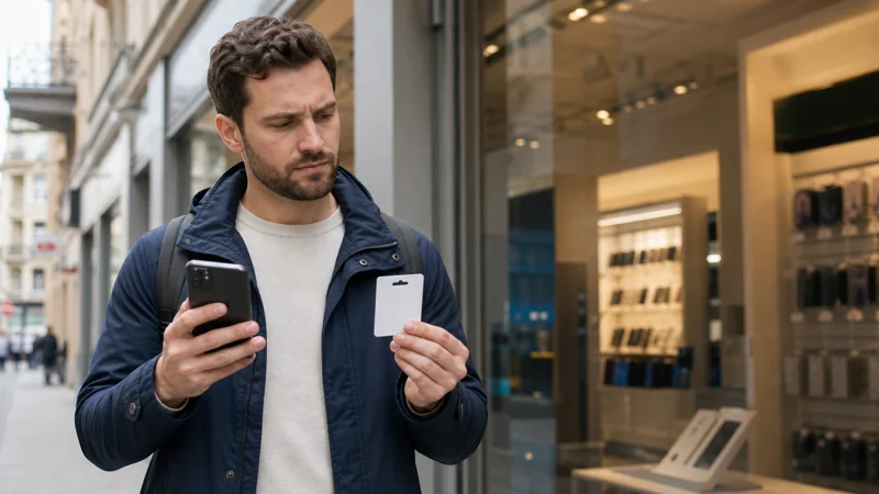Traveller comparing a local SIM and eSIM outside a mobile shop in Poland.