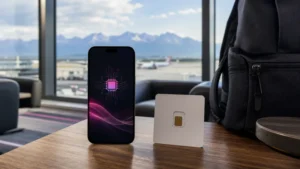 Smartphone eSIM and physical SIM card compared in a Slovak airport lounge.