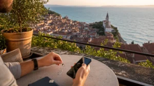 Traveller comparing a physical SIM and eSIM on a terrace overlooking Piran.