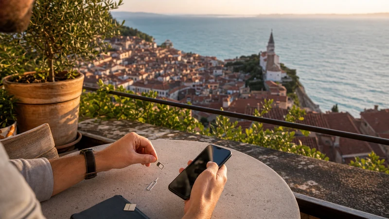 Traveller comparing a physical SIM and eSIM on a terrace overlooking Piran.