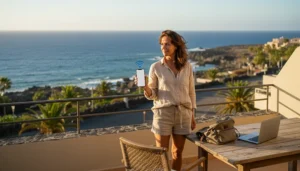 Long-term traveller using an eSIM smartphone while staying in the Canary Islands