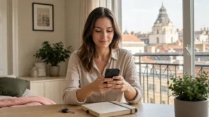 Digital nomad comparing eSIM plans on a laptop and smartphone in Hungary
