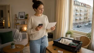 Long-stay traveller reviewing eSIM validity in a Polish apartment.