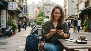 Long-term traveller using a Taiwan eSIM while exploring Taipei with luggage
