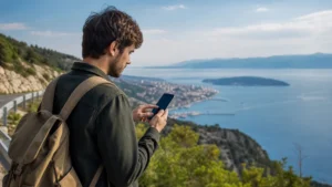 Traveller selecting a mobile network at an overlook above Kvarner Bay.