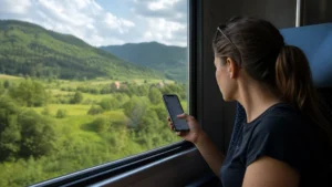 Smartphone network list being checked beside a train window in rural Slovakia.
