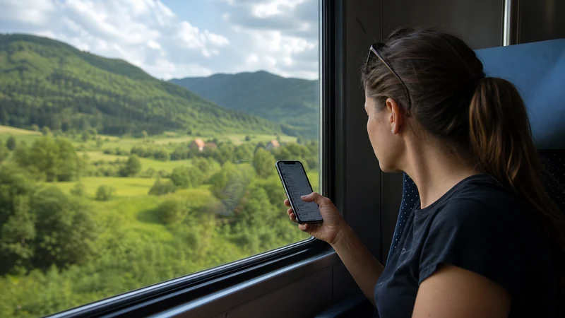 Smartphone network list being checked beside a train window in rural Slovakia.