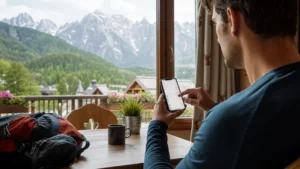 Traveller selecting a mobile network from a Kranjska Gora guesthouse.