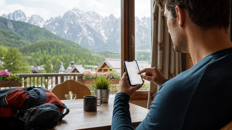 Traveller selecting a mobile network from a Kranjska Gora guesthouse.