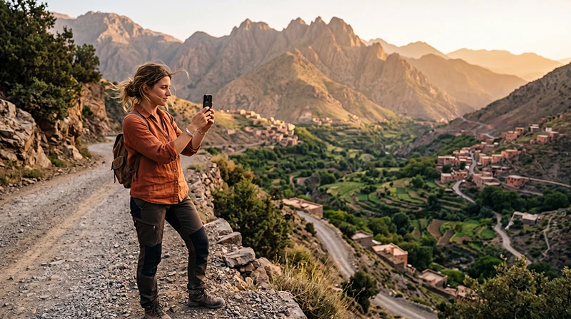 Tourist using mobile data in the Atlas Mountains Morocco
