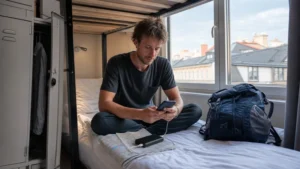 Backpacker checking mobile data while hiking in Austria