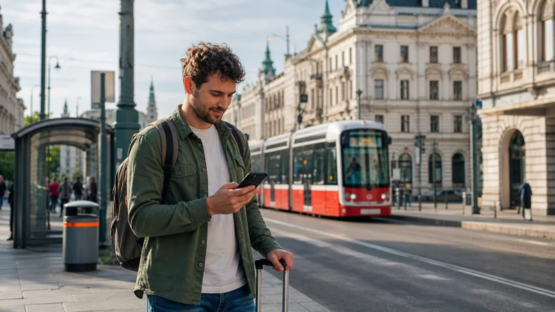 Traveller checking mobile data beside a tram in Vienna, Austria