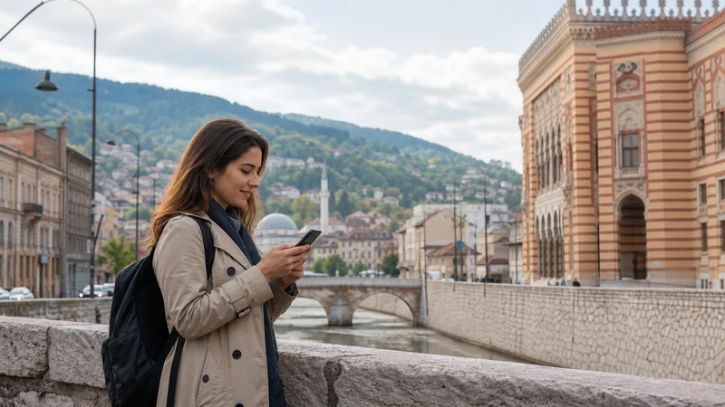 Traveller using a smartphone during mobile data in bosnia and herzegovina for tourists in Bosnia and Herzegovina.