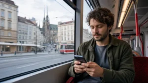 Traveller using mobile data on a Brno tram.