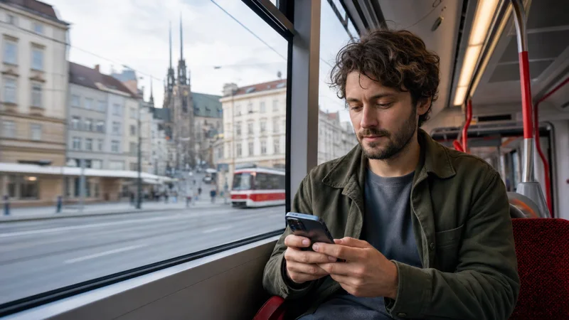 Traveller using mobile data on a Brno tram.