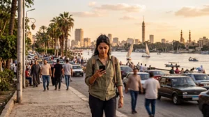 Tourist using mobile data while traveling in Cairo