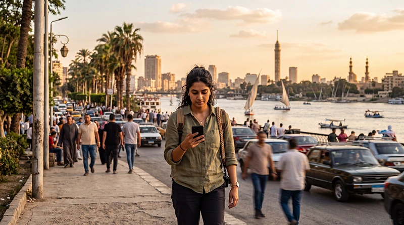 Tourist using mobile data while traveling in Cairo